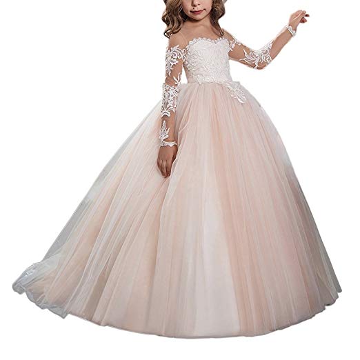 Carat Lace Embroidery Sheer Long Sleeves Kids Trailing Gowns