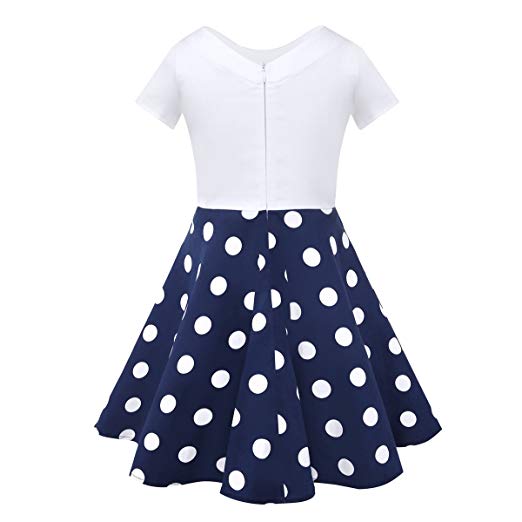 LEEGEEL Girls Vintage Dress Polka Dot Swing Rockabilly Dresses with Necklace Size 6-12 Girls Dresses