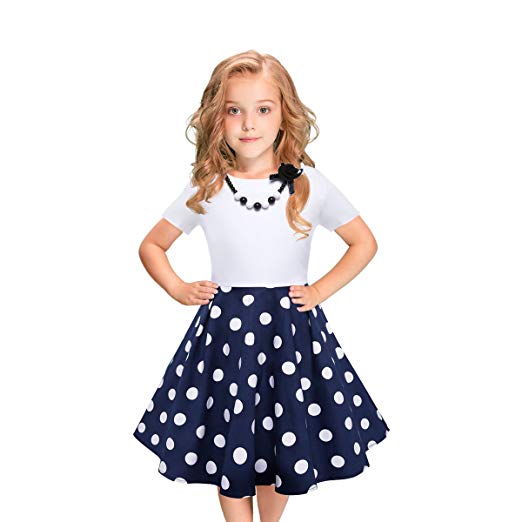 LEEGEEL Girls Vintage Dress Polka Dot Swing Rockabilly Dresses with Necklace Size 6-12 Girls Dresses