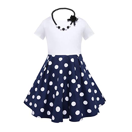 LEEGEEL Girls Vintage Dress Polka Dot Swing Rockabilly Dresses with Necklace Size 6-12 Girls Dresses