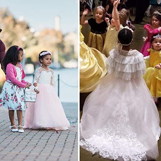 Carat Lace Embroidery Sheer Long Sleeves Kids Trailing Gowns