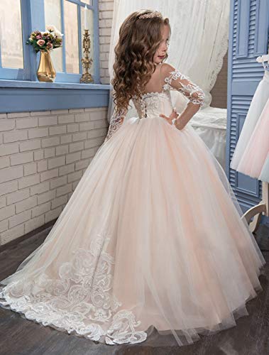 Carat Lace Embroidery Sheer Long Sleeves Kids Trailing Gowns